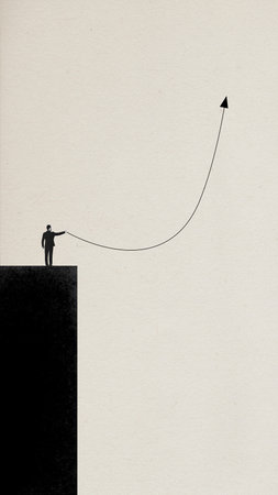 Planning. Contemporary art collage with one businessman making good business strategy on light background. Creative artwork. Concept of career growth, finance, profit, success, motivation, achievementの写真素材