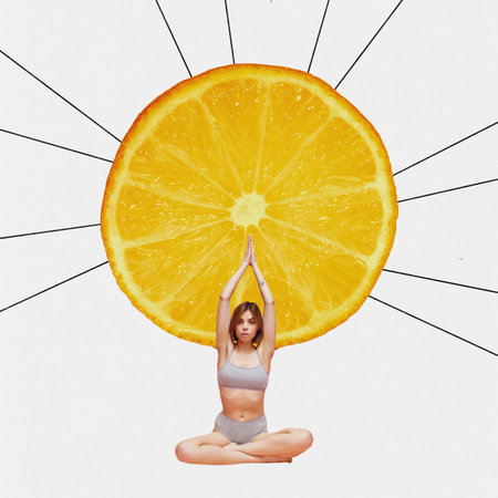 Vegetarian food. Contemporary art collage with young woman, girl sitting near orange and doing yoga over white background. Concept of sport, diet, healthy lifestyle, vegan, nutrition, activity, hobbyの写真素材