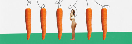 Contemporary art collage with young girl, woman with perfect figure standing near carrot over white background. Banner. Concept of sport, diet, healthy lifestyle, food, nutrition, inspiration, hobbyの写真素材
