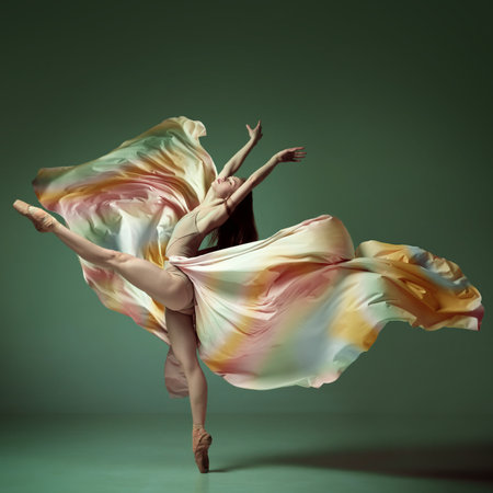 Elegant colorful dress. One young adorable ballerina with red hair emotional dancing with dark green studio background. Side view. Concept of classic ballet, inspiration, beauty, dance, creativityの写真素材