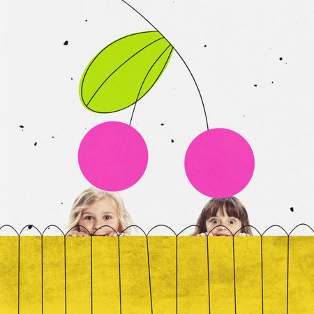 Contemporary art collage with little cute children, boy and girl peeking over the fence with big cherry on heads over white background with pencil drawings. Concept of childhood, art, imaginationの写真素材