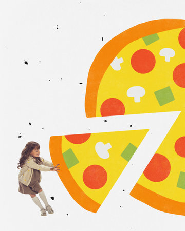 Contemporary art collage with funny girl wearing dress pulling big peace of giant pizza on white background. Concept of food, childhood, art, imagination, international childrens day, creativity, adの写真素材