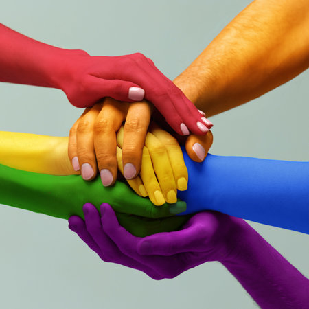 Closeup hands painted in different colors as rainbow flag holding together symbolizing tolerance unity love, LGBT on light background. Concept of LGBT, activism, community and freedom.の写真素材