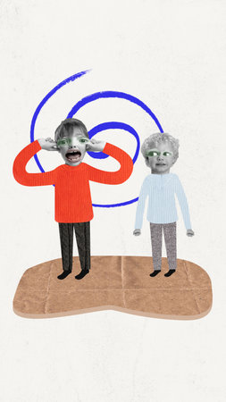 Mischievous pranksters. Contemporary art collage with two funny boys shouting, grimacing, playing together over white background. Concept of relationship, childhood, human emotion, friendship, adの写真素材