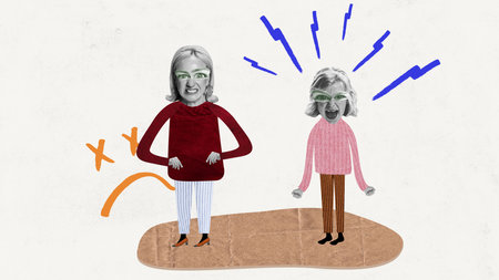 Family quarrel. Contemporary art collage with funny angry mother and little screaming girl, daughter over white background. Caricature portrait. Concept of parenthood, relationship, childhood, adの写真素材