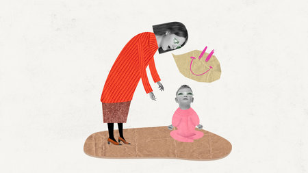 Strength of mothers love. Contemporary art collage with happy woman, mother smiling to her little baby and over white background. Concept of parenthood, relationship, family, emotion, maternity, adの写真素材