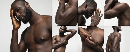 Collage with images of handsome african man, fashion model with muscular body posing shirtless over white studio background. Naked torso. Concept of mens health, beauty, body and skin care, fitnessの写真素材