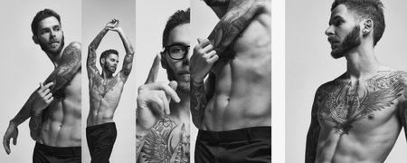 Collage with images of male fashion model with relief body on grey studio background. Man posing shirtless. Tattoo body art. Black and white. Concept of mens health, beauty, fashion, fitness, adの写真素材