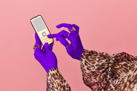Portrait of female hands of rich woman wearing gold rings holding cell phone with empty screen over pink studio background. Trash pop art, bright colors. Concept jewelry, fashion, beauty, sales, adの写真素材