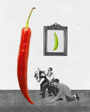 Contemporary art collage with group of people, photographers taking a photo of huge red chili pepper over black and white background. Concept of healthy lifestyle, food, nutrition, organic dietaryの写真素材