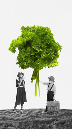 Contemporary art collage with couple in retro clothes, little girl and boy giving parsley instead of flowers over black and white background. Healthy lifestyle, food, nutrition, dietary, love conceptの写真素材