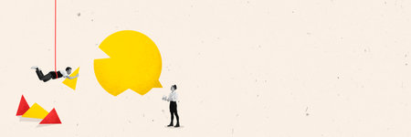 Contemporary art collage with funny business man, office worker holding peace of chart and trying find right solution. Banner. Concept of strategy, planning, success, career, right decision, adの写真素材