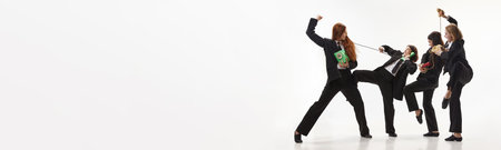 Banner with group of business women, office workers can not share phone receiver and fighting over white studio background. Concept of deadlines, overworking, pressure, emotions, competitivenessの写真素材