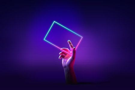 Human hand interacting with geometric glowing figure, rectangle over abstract minimal violet background in neon light. Concept of ultraviolet light, fashion, virtual reality, technologies, adの写真素材