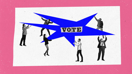 Office vote. Contemporary art collage with group of people team holding their own part in business...
