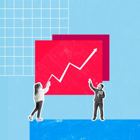 Business analytics. Contemporary art collage with team of office workers standing near income graph of company, product on blue background. Concept marketing, strategy, planning, startup, finance, adの写真素材