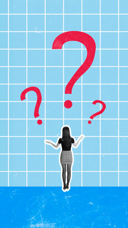 Contemporary art collage with pensive business woman standing near huge question mark trying to find right answer over blue background. Concept of challenge, business strategy, right decision, adの写真素材