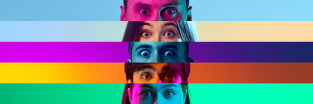 Fear has big eyes. Cropped male and female horrified eyes placed on colored narrow stripes, lines...