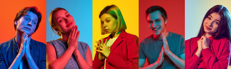 Composite image of cute, beautiful young people faces, male anf female over multycolor background in...