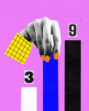 Contemporary art collage of female hand showing chart of company income over purple color background. Creative artwork. Concept of business, career growth, success, financial growth, leadership, adの写真素材
