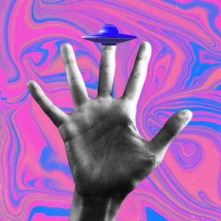Contemporary art collage of human palm, hand with ufo on middle finger over multicolored background....