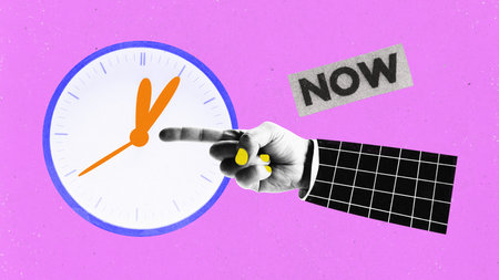 Time management. Contemporary art collage with human hand near big clock pointing on time over pink studio background. Concept of, deadlines, lack of time, rushing, pressure, overworking, adの写真素材