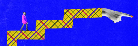 Way to success. Contemporary art collage with man, businessman going on stairs on blue color...