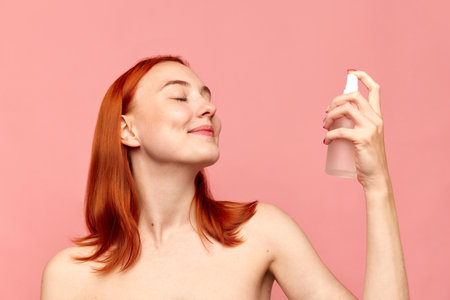 Portrait with redhead girl, model using moisturising spray on face with closed eyes over pink studio background. Facial cosmetics product, masks. Concept of natural beauty, skin care, cosmetology, adの写真素材