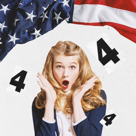 Surprised young, blond woman standing over american flags with open mouth, celebrating independence...