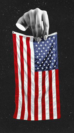 Festive greeting card. Contemporary art collage with male hand holding flag of USA over dark background. Happy Independence day, 4th July national holiday. Patriotism, american culture, ad conceptの写真素材