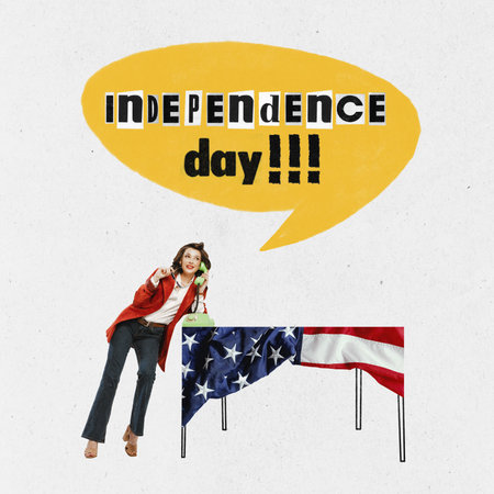 Contemporary art collage with business woman celebrating american national holiday over white background. Happy Independence day, 4th July. Usable as greeting card. Patriotism, history, ad conceptの写真素材