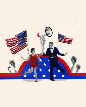 National celebrations. Contemporary art collage with couple, man and woman dancers dancing over national USA symbols background. American culture, national holiday, 4th of july, ad conceptの写真素材