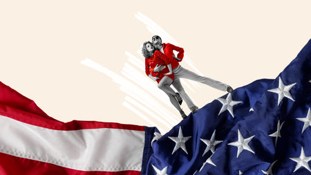Contemporary art collage with charming couple of dancers, man and woman celebrating Independence day over national USA flag background. American culture, national holiday, 4th of july, ad conceptの写真素材