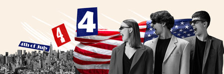 Patriotic holiday. Contemporary art collage with group of people men and woman shouting over USA flag background. Spirit of patriotism. Banner. Americans celebrate 4th of July. Happy Independence dayの写真素材