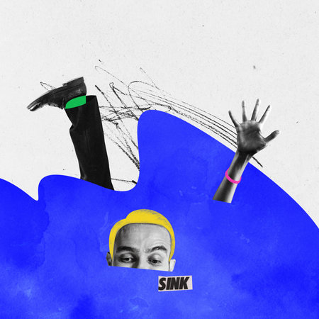 Contemporary art collage with man, person drowning in problems over white background. Office worker...