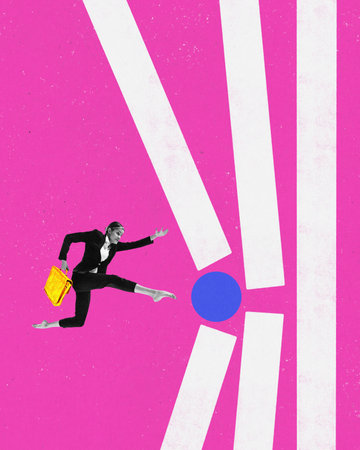 Career growth. Contemporary art collage with hardworking girl, businesswoman running to success with motivated face over pink background. Vibrant colours. Career, achievement, deadlines, ad conceptの写真素材