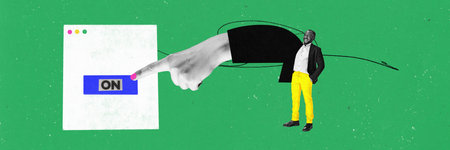 Contemporary art collage with man, office worker standing near On and Off Switch Element for Mobile...