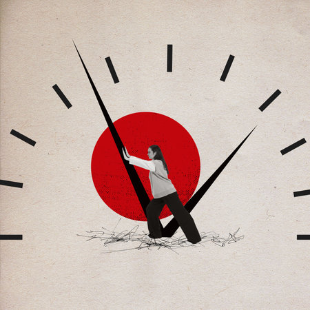 Turn back time. Contemporary art collage with one woman, office worker trying to stop clocks arrow. Concept of rushing, burning out, deadlines, lack of time, problems, overworking, heavy workload, adの写真素材
