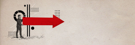 Contemporary art collage with business man, office worker holding straight arrow symbolizing stability over light background. Concept of good strategy, business planning, career, success, adの写真素材