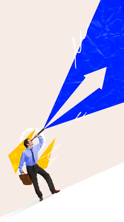Contemporary art collage with businessman standing with spyglass observing new horizons and market...