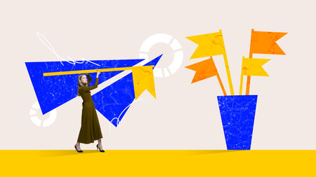 Contemporary art collage with woman, office worker throwing a flag into basket symbolizing achievements over light background with abstraction. Concept of motivation, ambition, progress, startup, adの写真素材