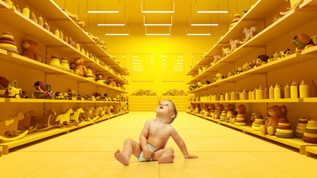 Child goods and shopping. Portrait of little boy in diaper standing alone over 3D model of supermarket background. Big sales season, Black Friday concept. Copy space for adsの写真素材