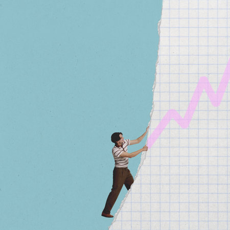 Contemporary art collage with man, office worker driving the company progress over pastel blue background. Concept of success, career, business, strategy, ad. Creative artwork with torn paper style.の写真素材