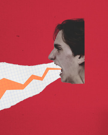 Contemporary art collage with angry man, project manager shouting loudly over red color studio...
