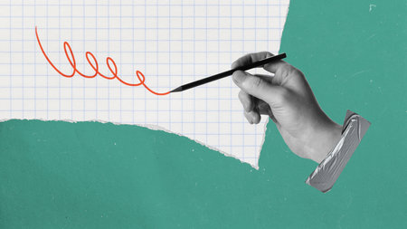 Contemporary art collage with male hand holding a pen and writing, creating strategy, plan over pastel green background. Creative artwork in paper style. Concept of inspiration, creativity, ideasの写真素材