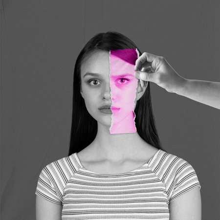 Beautiful young girl with calm face and photo piece part expressing worrying feelings. Conceptual art collage. Concept of human emotions, diversity, inner world, psychologyの写真素材
