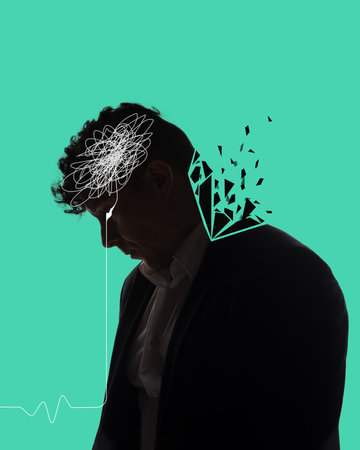 Man suffering from mental breakdown, depression, sadness and obsessive thoughts. Contemporary art...