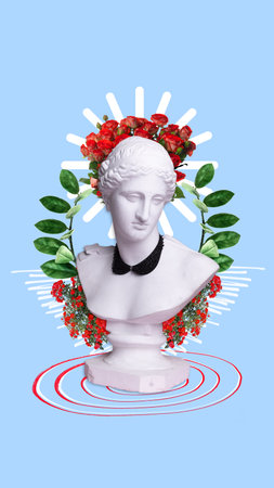 Elegance and femininity. Antique statue bust with rose flowers against pastel blue background....