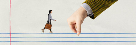 Young woman, employee with briefcase going to work, making projects, following managers...