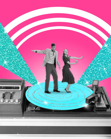 Positive young man and woman in retro outfits dancing on vinyl record against pink background. Music and fun. Contemporary artwork. Concept of party, leisure time, celebration, event, joy, youth. Adの写真素材